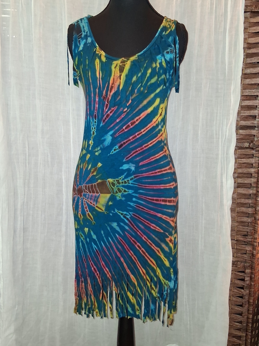 Blue Tie-Dye Midi Dress with Fringe